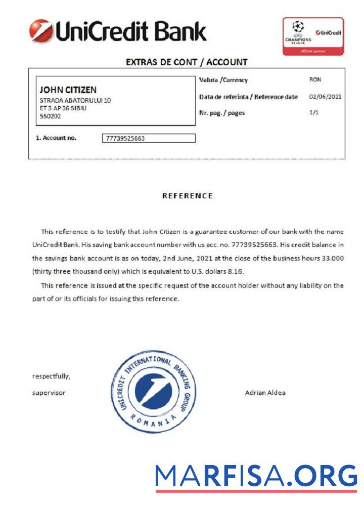 Printable Romania UniCredit bank reference template